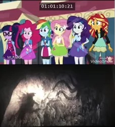 Size: 864x951 | Tagged: safe, derpibooru import, edit, edited screencap, screencap, fluttershy, pinkie pie, rainbow dash, rarity, sci-twi, sunset shimmer, twilight sparkle, kaiju, eqg summertime shorts, equestria girls, get the show on the road, cave painting, end credits, godzilla, godzilla (series), godzilla 2014, godzilla: king of the monsters 2019, king ghidorah, king ghidorah 2019, kong: skull island, monsterverse, obligatory pony, spoilers for another series, watermark