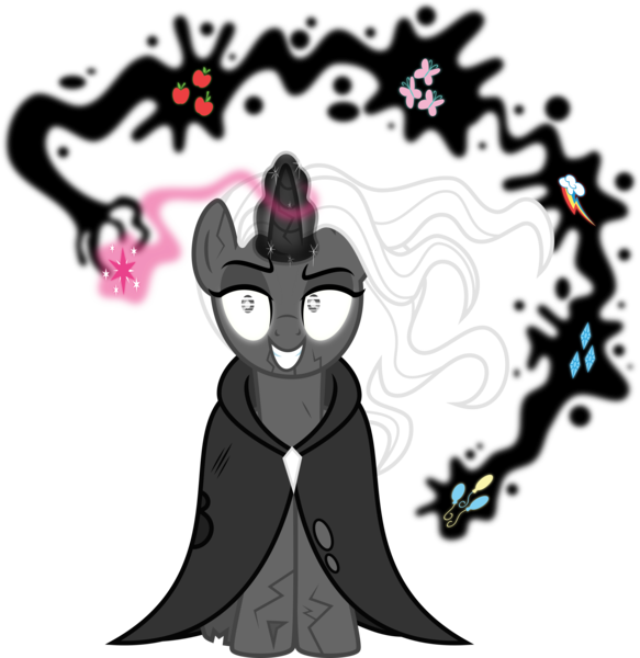 Size: 5592x5760 | Tagged: safe, artist:osipush, derpibooru import, oc, unofficial characters only, pony, unicorn, absurd resolution, cloak, clothes, creepy, cutie mark, evil grin, female, glowing eyes, glowing horn, grin, magic, mare, simple background, smiling, transparent background, white hair