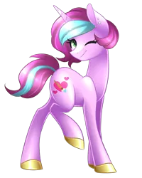 Size: 1523x1904 | Tagged: safe, artist:scarlet-spectrum, derpibooru import, oc, oc:artsy fantasy, unofficial characters only, pony, unicorn, colored pupils, commission, ear piercing, female, green eyes, looking at you, mare, one eye closed, piercing, raised leg, simple background, smiling, solo, transparent background, wink