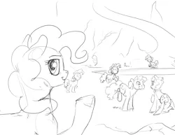 Size: 1280x989 | Tagged: safe, artist:silfoe, derpibooru import, pinkie pie, earth pony, pony, :t, cave, cave pool, clones, eye contact, eyes closed, female, frown, fun fun fun, grayscale, looking at each other, looking at you, looking back, mare, mirror pool, monochrome, multeity, pinkie clone, pronking, raised hoof, raised leg, smiling, smirk, trotting, underhoof