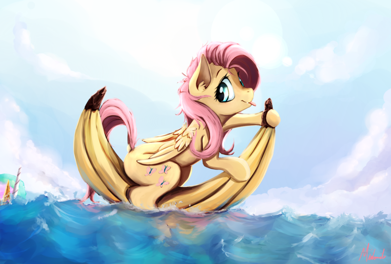 Size: 1600x1080 | Tagged: safe, artist:miokomata, derpibooru import, fluttershy, princess celestia, pegasus, pony, banana, boat, cloud, crown, cute, fangs, female, floating, food, jewelry, looking at you, mare, regalia, shyabetes, smiling, solo focus, tongue out, water, when you see it