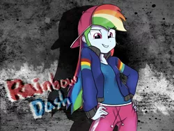 Size: 1400x1050 | Tagged: safe, artist:haden-2375, derpibooru import, rainbow dash, eqg summertime shorts, equestria girls, get the show on the road, clothes, hand on hip, hat, jacket, looking at you, multicolored hair, pants, rapper, rapper dash, shirt, smiling, solo, that was fast