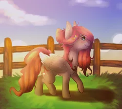 Size: 1024x916 | Tagged: safe, artist:snowolive, derpibooru import, oc, unofficial characters only, pegasus, pony, commission, cutie mark, female, fence, grass, mare, music notes, raised hoof, smiling, solo