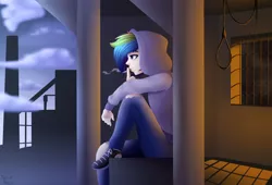 Size: 2500x1700 | Tagged: artist:spirit-dude, cigarette, clothes, derpibooru import, hoodie, human, humanized, message, multicolored hair, pants, rainbow dash, rope, safe, shoes, sitting, smoking, sweater, symbolism