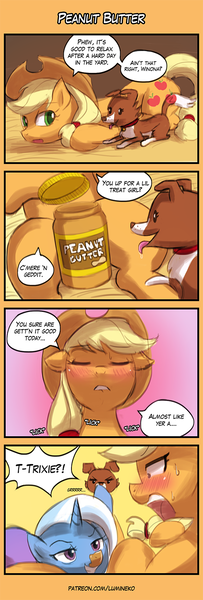 Size: 500x1475 | Tagged: questionable, artist:lumineko, derpibooru import, applejack, trixie, winona, dog, earth pony, pony, unicorn, 4koma, annoying, blushing, comic, dialogue, female, food, implied bestiality, implied cunnilingus, implied oral, implied sex, inconvenient trixie, lesbian, mare, peanut butter, speech bubble