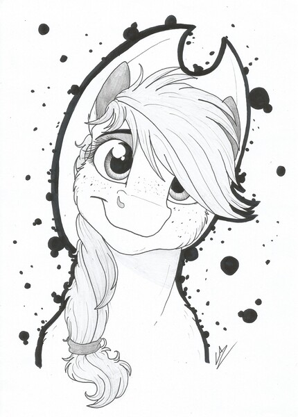 Size: 2342x3269 | Tagged: safe, artist:lupiarts, derpibooru import, applejack, earth pony, pony, cheek fluff, cowboy hat, cute, female, hat, jackabetes, looking at you, mare, monochrome, simple background, smiling, solo, stetson, traditional art