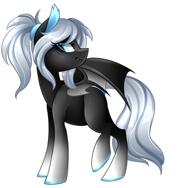 Size: 1842x1931 | Tagged: safe, artist:scarlet-spectrum, derpibooru import, oc, oc:serac, unofficial characters only, bat pony, pony, blue eyes, commission, fangs, female, gradient hooves, mare, ponytail, simple background, slit eyes, smiling, solo, transparent background, white hair