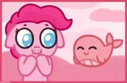 Size: 871x573 | Tagged: safe, artist:amberpone, derpibooru import, pinkie pie, pony, whale, animal, blue eyes, crossover, cute, digital art, eyebrows, female, floppy ears, mare, paint tool sai, painttoolsai, pink, pink fur, pink mane, smiling, steven universe