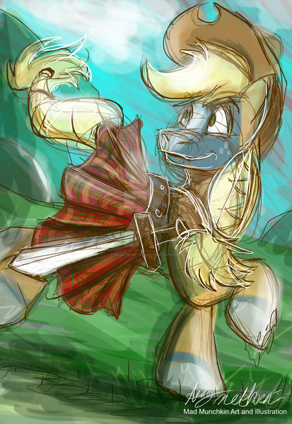 Size: 1024x1489 | Tagged: applejack, artist:mad--munchkin, braveheart, clothes, cowboy hat, derpibooru import, face paint, hat, kilt, safe, scottish, signature, sketch, skirt, skirt lift, solo, stetson, sword, watermark, weapon