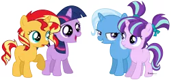 Size: 13488x6320 | Tagged: safe, artist:suramii, derpibooru import, starlight glimmer, sunset shimmer, trixie, twilight sparkle, pony, unicorn, absurd resolution, counterparts, female, filly, filly starlight glimmer, filly sunset shimmer, filly trixie, filly twilight sparkle, magical quartet, magical trio, mare, simple background, transparent background, twilight's counterparts, vector, younger