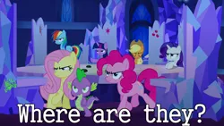 Size: 1920x1080 | Tagged: safe, derpibooru import, edit, edited screencap, screencap, applejack, fluttershy, pinkie pie, rainbow dash, rarity, spike, twilight sparkle, twilight sparkle (alicorn), alicorn, changeling, dragon, pony, to where and back again, disguise, disguised changeling, fake applejack, fake fluttershy, fake pinkie, fake rainbow dash, fake rarity, fake spike, fake twilight, mane seven, mane six