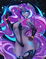 Size: 1927x2500 | Tagged: suggestive, artist:koveliana, derpibooru import, idw, nightmare rarity, anthro, unicorn, big breasts, bikini, breasts, busty nightmare rarity, chromatic aberration, clothes, curvy, ear piercing, evening gloves, eyeshadow, female, gloves, hand on hip, long gloves, makeup, piercing, sling bikini, solo, solo female, swimsuit