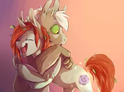 Size: 1024x760 | Tagged: safe, artist:vindhov, derpibooru import, oc, oc:angel, oc:curtain call, unofficial characters only, draconequus, hybrid, pony, unicorn, colt, eyes closed, eyes on the prize, hug, interspecies offspring, male, offspring, open mouth, parent:discord, parent:fluttershy, parent:ponet, parent:queen chrysalis, parents:discolis, parents:ponetshy, story in the source, story included