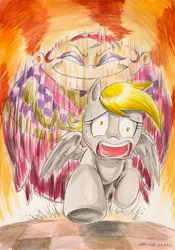 Size: 2444x3489 | Tagged: safe, artist:souleatersaku90, derpibooru import, derpy hooves, pegasus, pony, coming at you, commission, courage the cowardly dog, crossover, female, king of flan, mare, running, scared, screaming, traditional art