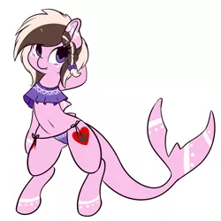 Size: 1280x1282 | Tagged: safe, artist:wickedsilly, derpibooru import, oc, oc:ashee, unofficial characters only, original species, pony, shark pony, belly button, bikini, bipedal, clothes, cute, fangs, female, frilled swimsuit, long tail, mare, midriff, ocbetes, simple background, smiling, solo, swimsuit