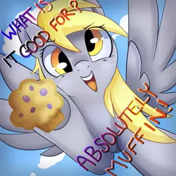 Size: 1024x1024 | Tagged: safe, artist:csox, derpibooru import, derpy hooves, pegasus, pony, cloud, dialogue, edwin starr, female, food, looking at you, mare, muffin, open mouth, pun, sky, smiling, solo, song reference, war