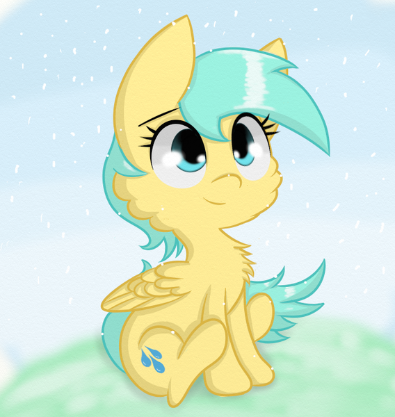 Size: 647x683 | Tagged: artist:springveil, chest fluff, cute, derpibooru import, fluffy, safe, sitting, smiling, snow, solo, sunshower raindrops