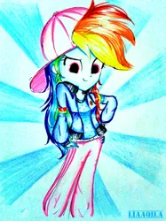 Size: 1390x1854 | Tagged: safe, artist:liaaqila, derpibooru import, rainbow dash, equestria girls, spoiler:eqg specials, backwards ballcap, baseball cap, cap, clothes, female, hand on hip, hat, no catchlights, pants, rapper, rapper dash, solo, traditional art