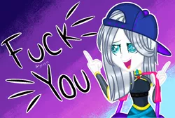 Size: 1058x712 | Tagged: safe, artist:yulianapie26, derpibooru import, oc, unofficial characters only, equestria girls, backwards ballcap, base used, baseball cap, cap, clothes, female, fuck you, hat, image, middle finger, open mouth, png, shirt, smiling, solo, vulgar