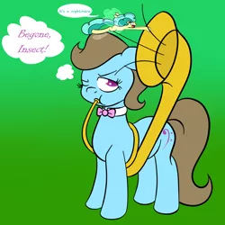 Size: 2000x2000 | Tagged: safe, artist:alexmichanikos, derpibooru import, beauty brass, breezie, earth pony, pony, annoyed, bowtie, duo, female, mare, musical instrument, one eye closed, simple background, thought bubble, tuba