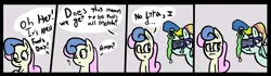 Size: 4897x1364 | Tagged: safe, artist:davierocket, derpibooru import, bon bon, lyra heartstrings, sweetie drops, earth pony, pony, unicorn, :t, absurd resolution, april fools, bon bon is not amused, comic, dialogue, duo, grin, hat, jester hat, open mouth, question mark, shutter shades, smiling, text, unamused