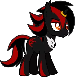 Size: 1271x1312 | Tagged: safe, artist:lightningbolt, derpibooru import, ponified, hybrid, pony, unicorn, .svg available, angry, chest fluff, ear fluff, eyeliner, eyeshadow, fangs, frown, hair over one eye, makeup, male, ring, ring on horn, shadow the hedgehog, simple background, slit eyes, solo, sonic the hedgehog (series), stallion, svg, transparent background, vector