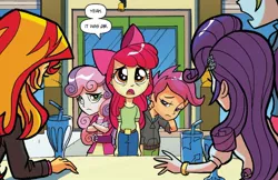 Size: 1600x1035 | Tagged: safe, artist:tonyfleecs, derpibooru import, idw, apple bloom, rarity, scootaloo, sunset shimmer, sweetie belle, equestria girls, spoiler:comicholiday2014, anon-a-miss, cutie mark crusaders, out of context