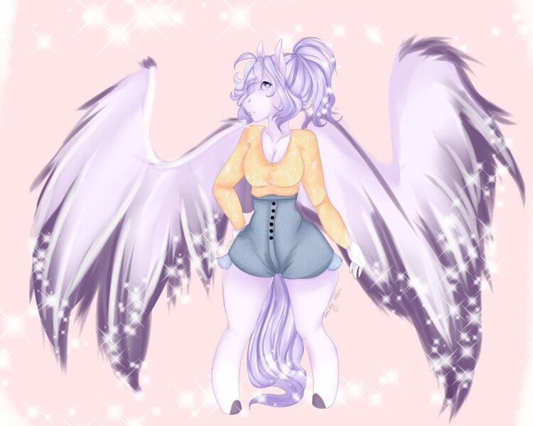 Size: 999x799 | Tagged: safe, artist:sarah-loves-christmas, derpibooru import, oc, oc:astral night, unofficial characters only, anthro, pegasus, anthro oc, clothes, female, mare, shirt, shorts, simple background, solo