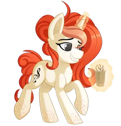 Size: 928x964 | Tagged: safe, artist:thegamblehorse, deleted from derpibooru, derpibooru import, oc, oc:spotted rhythm, unofficial characters only, pony, unicorn, cappuccino, levitation, magic, raised hoof, simple background, solo, telekinesis, transparent background