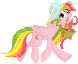 Size: 1024x839 | Tagged: safe, artist:kellythedrawinguni, derpibooru import, oc, oc:fancy fruit, unofficial characters only, pegasus, pony, basket, female, food, hat, mare, mouth hold, simple background, solo, strawberry, transparent background