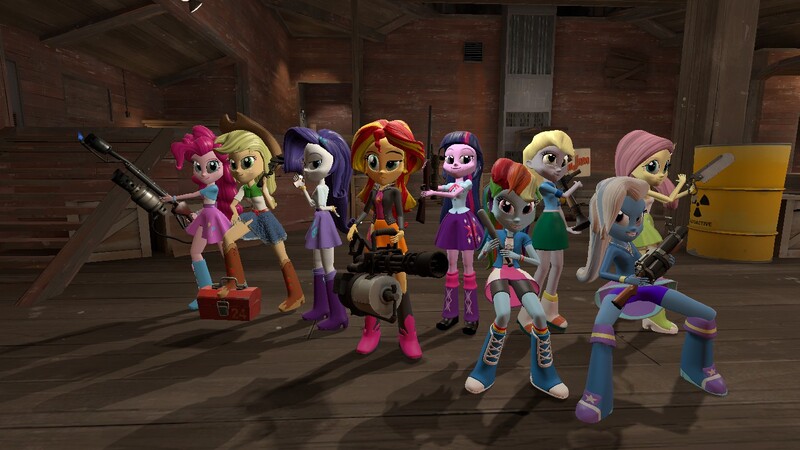 Size: 1366x768 | Tagged: safe, artist:darkmaster434, derpibooru import, applejack, derpy hooves, fluttershy, pinkie pie, rainbow dash, rarity, sunset shimmer, trixie, twilight sparkle, equestria girls, 3d, baseball bat, boots, bowtie, boyshorts, bracelet, clothes, compression shorts, cowboy boots, cowboy hat, crossover, demoman, denim skirt, engiejack, engineer, flamethrower, fluttermedic, gmod, gun, hat, heavy, high heel boots, hoodie, leather jacket, leg warmers, looking at you, machine gun, medic, optical sight, panties, pinkie pyro, purple underwear, pyro, rainbow scout, rarispy, rifle, scout, shoes, skirt, sniper, sniper rifle, socks, soldier, spy, stetson, team fortress 2, twilight sniper, underwear, upskirt, wall of tags, weapon, wristband