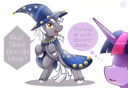 Size: 1457x1000 | Tagged: safe, artist:vavacung, derpibooru import, star swirl the bearded, twilight sparkle, oc, oc:alternate dawn, alicorn, pony, unicorn, april fools joke, clothes, cosplay, costume, feels, female, hilarious in hindsight, image, male, mare, mother and son, offspring, parent:star swirl the bearded, parent:twilight sparkle, parents:twiswirl, png, stallion, starswirl the unbearded