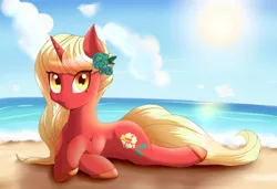 Size: 1024x702 | Tagged: safe, artist:suziouwabami, derpibooru import, oc, unofficial characters only, pony, unicorn, beach, blonde, crossed hooves, female, flower, lying, mare, prone, red, sun, yellow eyes