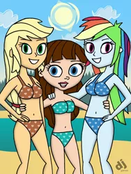 Size: 1200x1600 | Tagged: safe, artist:djgames, derpibooru import, applejack, rainbow dash, equestria girls, ashleigh ball, beach, belly button, bikini, blythe baxter, breasts, cleavage, clothes, female, littlest pet shop, midriff, swimsuit, trio, trio female, voice actor joke