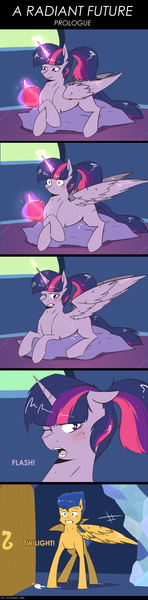 Size: 3000x12129 | Tagged: safe, artist:lrusu, derpibooru import, flash sentry, twilight sparkle, twilight sparkle (alicorn), alicorn, pegasus, pony, comic:a radiant future, absurd resolution, alternate hairstyle, book, comic, female, flashlight, implied shipping, implied straight, magic, male, pregnant, prone, shipping, straight