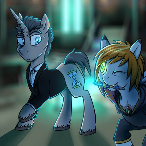 Size: 1440x1440 | Tagged: safe, artist:deyogee, derpibooru import, doctor whooves, time turner, oc, oc:valesti, ponified, pony, clothes, crossover, doctor who, one eye closed, sonic screwdriver, tardis, twelfth doctor, unshorn fetlocks, wink