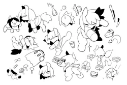 Size: 900x600 | Tagged: safe, artist:lemonheart, derpibooru import, ponified, pony, snail, temmie, burger, flowey, food, frisk, hamburger, knife, monochrome, napstablook, simple background, undertale, white background