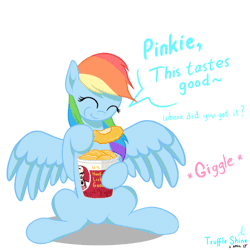 Size: 1000x1000 | Tagged: safe, artist:truffle shine, derpibooru import, rainbow dash, pegasus, pony, animated, april fools, chicken meat, ear twitch, eating, eyes closed, food, fridge horror, fried chicken, gif, implied cannibalism, implied pinkamena, implied pinkie pie, implied scootabuse, implied scootachicken, implied scootaloo, kfc, meat, offscreen character, ponies eating meat, ponies eating poultry, prank, signature, simple background, sitting, the implications are horrible, we are going to hell, white background, wings