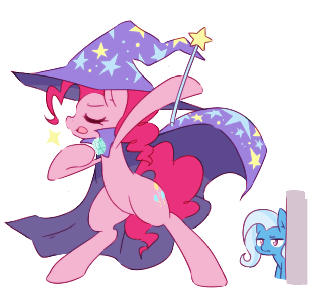 Size: 2387x2307 | Tagged: safe, artist:akainu_pony, derpibooru import, pinkie pie, trixie, pony, unicorn, accessory swap, cape, clothes, female, hat, high res, mare, simple background, the great and powerful, trixie is not amused, trixie's cape, trixie's hat, wand, white background