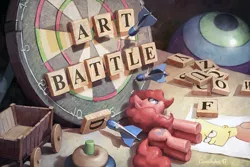 Size: 1200x800 | Tagged: safe, artist:cannibalus, derpibooru import, pinkie pie, earth pony, pony, art battle, ball, bart simpson, dartboard, darts, female, letter, mare, signature, smiling, solo, table, tabun art-battle, tabun art-battle cover, toy, wagon