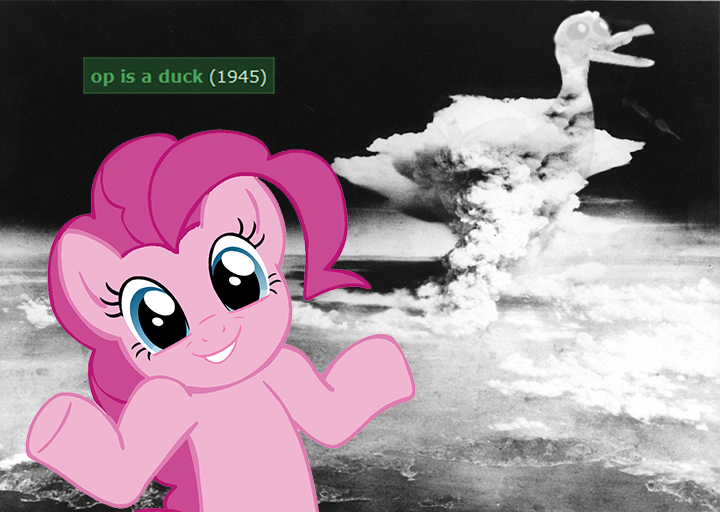 Size: 720x512 | Tagged: atomic bomb, derpibooru, derpibooru import, hiroshima, looking at you, meta, nuclear weapon, obligatory pony, pinkie pie, reaction image, safe, shrug, shrugpony, tags, weapon, world war ii