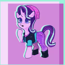 Size: 1000x1000 | Tagged: safe, artist:violaconcert, derpibooru import, starlight glimmer, pony, unicorn, beanie, clothes, equestria girls outfit, female, hat, mare, open mouth, raised hoof, solo