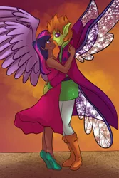 Size: 1200x1800 | Tagged: alicorn, artist:percy-mcmurphy, changedling, changeling, clothes, couple, crack shipping, dark skin, derpibooru import, dress, elf ears, female, hug, human, humanized, king thorax, looking at each other, male, safe, shipping, straight, thorax, twilight sparkle, twilight sparkle (alicorn), twirax, winged humanization, wings