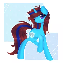 Size: 3000x3000 | Tagged: safe, artist:togeticisa, derpibooru import, oc, oc:blue bolt, unofficial characters only, pony, unicorn, female, mare, one eye closed, raised hoof, solo, wink