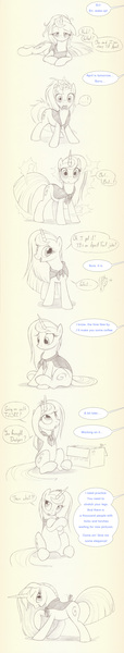 Size: 877x4620 | Tagged: absurd resolution, april fools, artist:sherwoodwhisper, comic, cute, derpibooru import, monochrome, morning ponies, mouse, oc, ocbetes, oc:eri, offscreen character, pose, safe, sultry pose, surprised, unofficial characters only