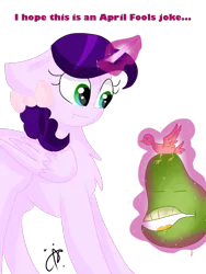 Size: 640x851 | Tagged: safe, artist:thepegasisterpony, derpibooru import, oc, oc:purple palette, unofficial characters only, alicorn, pony, april fools, biting pear of salamanca, deviantart, female, food, glowing horn, magic, mare, pear, simple background, telekinesis, transparent background