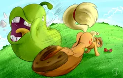 Size: 1700x1080 | Tagged: safe, artist:phuocthiencreation, derpibooru import, applejack, earth pony, pony, action pose, angry, apple, applebucking, applebutt, biting pear of salamanca, cowboy hat, cross-popping veins, female, food, frog (hoof), grass field, hat, horseshoes, kick, living object, lolwut, mare, open mouth, pear, perspective, plot, protecting, scenery, stetson, teeth, that pony sure does hate pears, tongue out, underhoof