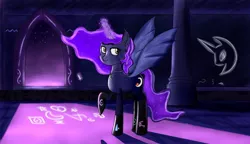 Size: 1200x690 | Tagged: safe, artist:fightereln, derpibooru import, oc, oc:nocturnia, unofficial characters only, alicorn, bat pony, pony, alicorn oc, castle, glow, night, ruins