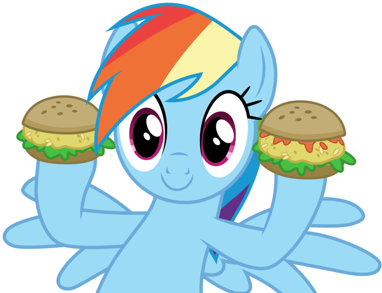 Size: 3912x3001 | Tagged: safe, artist:cloudyglow, derpibooru import, rainbow dash, pegasus, pony, trade ya, .ai available, burger, cute, female, food, hamburger, hay burger, mare, oat burger, oats, simple background, smiling, solo, spread wings, transparent background, vector, wings