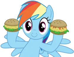Size: 3912x3001 | Tagged: safe, artist:cloudyglow, derpibooru import, rainbow dash, pegasus, pony, trade ya, .ai available, burger, cute, female, food, hamburger, hay burger, mare, oat burger, oats, simple background, smiling, solo, spread wings, transparent background, vector, wings